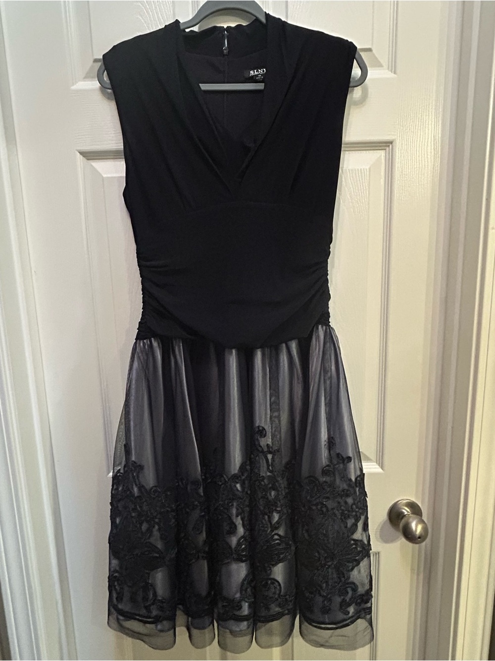 SLNY Navy Embroidered Fit & Flare Dress
